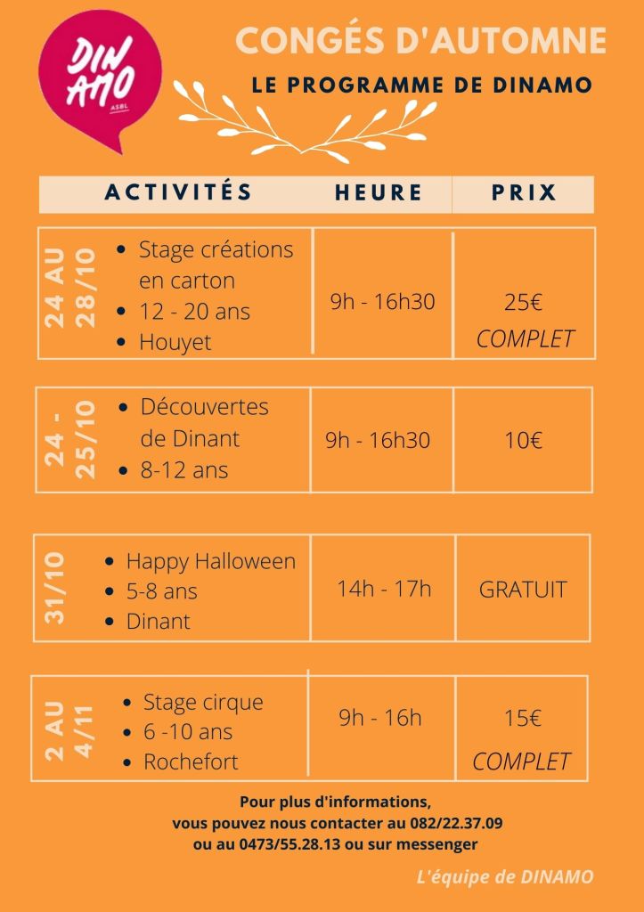 Programme des activités pour les congés d'automne